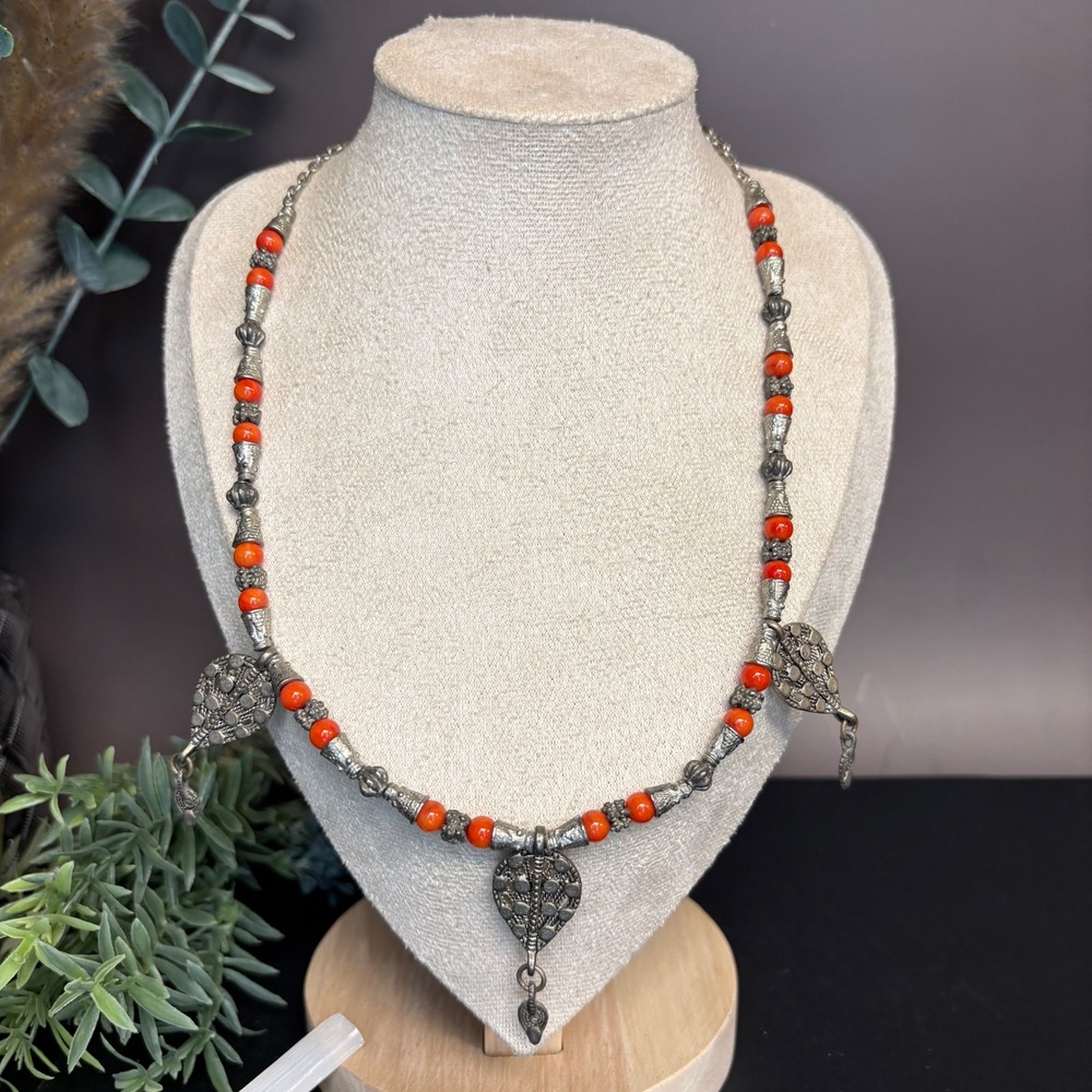 Bohemian Carnelian Beaded Necklace | Silver Pendant |‎ Boho